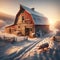 Old Retro Winter Scene Red Wooden Barn Farming Corral Pigs Chickens AI Generated