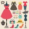 Old retro woman fashion clothes garment and accessories icon