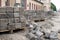 Old road granite blocks, cubes stacked together