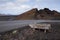 Old road sign in national volcanic park of Timanfaya, the islan