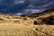 Old rock footbridge in field of fall grasses