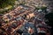 The old Romanian city of Brasov, the center of Transylvania. Top view from a quadrocopter