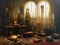 old room full of mysterious and magical objects used for spells of magic illuminated by golden light, fantasy storybook concept