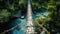Old rope bridge over blue river in jungle, hanging wood footbridge in tropical forest. Scenery of trees, water and foliage.