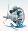 Old rotary circular aircraft engine with propeller. The illustration is stylized as a hand drawing. 3d rendering.