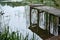 Old rotten pier made of wood on a lake covered in moss with missing planks at a lake in the forest.