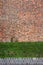 Old rugged brick wall with green grass