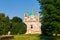 Old ruined catholic church of the Holy Trinity at summer. Benitsa, Minsk region, Belarus