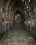 Old ruined corridor in medieval castle or church with picture frames on the walls. 3D rendering