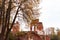 Old ruined historic red brick walls abandoned destroyed building in Russia nature background