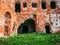 Old ruins of a medieval abandoned ruined red brick castle or Orthodox temple