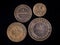 Old Russian coins 19th century, copper money on black background