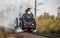 Old Russian locomotive on the railway. Old black locomotive. Smoke from the engine. Russian railway. Russia, Leningrad region