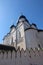 Old Russian temple with white walls and blue sky