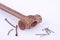 old rust Sledge hammer and rust nail tack used on white background tool isolated