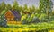 Old rustic house painting with oil. Summer country landscape, sunny green trees, flowering grass, lilac bushes. Old architecture.