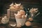 old rustic still life with eggs in vintage wooden bucket for easter