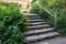 Old rustic stone stairs bordered with ferns and wildflowers