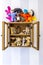 Old rustic wood wall mounted display cabinet, items, stuffed toys and memories.