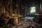 old, rusting chains and pulleys in an abandoned workshop