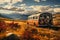 old rusty abandoned bus stands in the desert. Beautiful view of the snowy mountains in the distance