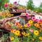 Old rusty abandoned crashed panzer in meadow with pink, yellow flowers on summer evening. War consequences concept