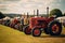 Old and rusty agricultural tractors lined up