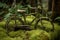 Old rusty bicycle covered with moss. Generate ai