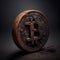 Old rusty bitcoin crypto metal coin on dark background