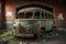Old rusty bus in an abandoned factory. Old rusty bus in an abandoned factory. generative ai