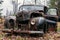 Old rusty car wreck standing in the forest