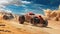 Old rusty cars race in post-apocalyptic world, vintage vehicles drive on desert like futuristic movie. Concept of fantasy,