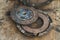 Old rusty clutch and the clutch disc lies on the counter in the garage.