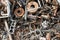Old rusty corroded car parts in car scrapyard. Car recycling.Wrecking Machinery Parts wait for reused or to be a part for repair