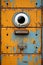 an old rusty door with an eye on it