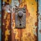 an old rusty door knob on a door with peeling paint
