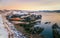 An old rusty fishing boat abandoned by a storm on the shore. Graveyard of ships