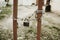 An old rusty gate with a padlock on a chain. Private territory. In the background is a white brick garages.