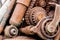 Old rusty gear wheels and sprockets as details of machine