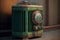 old rusty green heating radiator with temperature controller