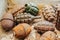 Old rusty grenades lying on the table