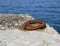 An old rusty metal mooring ring on the mooring wall on a sunny summer day. A device for holding sea vessels in port.