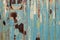 Old rusty metal painted with blue color. Empty blue wall texture background. Peeling paint on blue striped wall. Rust and oxidized