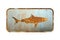 Old rusty metal sign with shark isolated on white