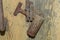 Old rusty padlock on the barn door. Long unused lock on the door.