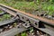 Old rusty rails of an abandoned railway. Side view