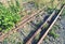 Old rusty railways. Railway details of rails joint with screws and nuts