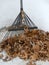 Old Rusty Rake Left Behind with a Pile of Autumn Leaves