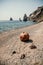 Old rusty round floating marine mines on the beach with rocky shore and sea background. Pollution, nature protection