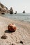 Old rusty round floating marine mines on the beach with rocky shore and sea background. Pollution, nature protection